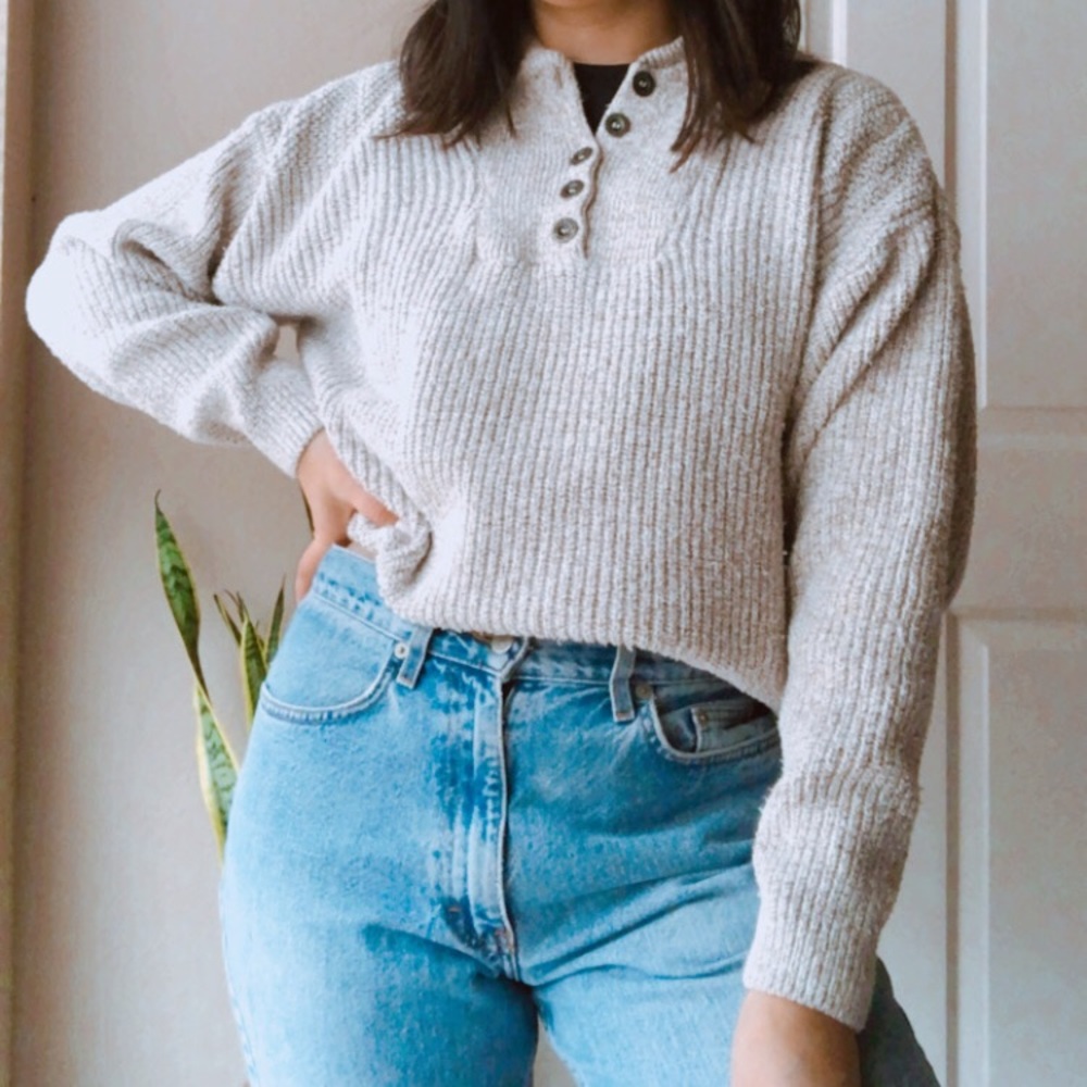 Eddie Bauer Cream Ribbed Henley Sweater